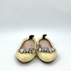 Miu Miu 37 Yellow Patent Leather Flats W/ Embellished Bow & Rhinestones